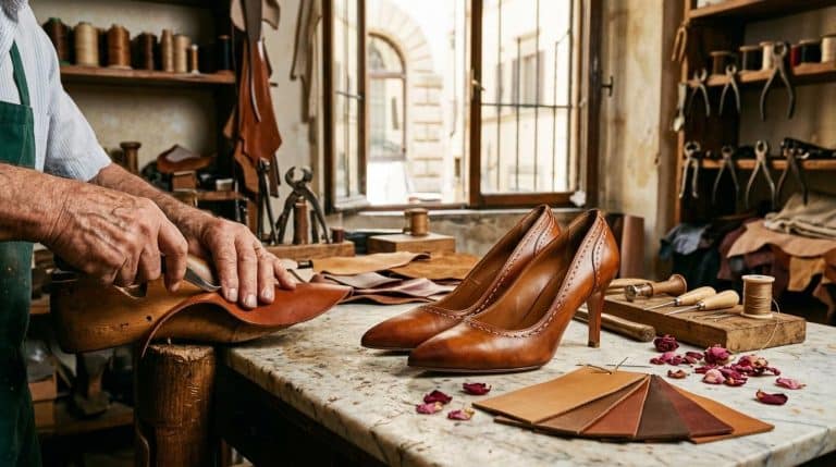 Cordonnier travaillant chaussures cognac en atelier traditionnel