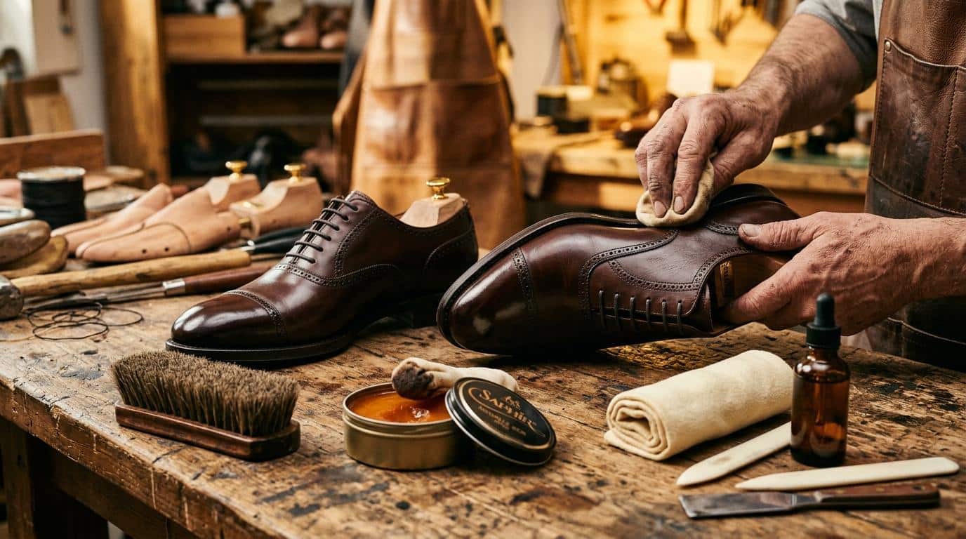 Maître chausseur polit une chaussure oxfords marron artisanalement