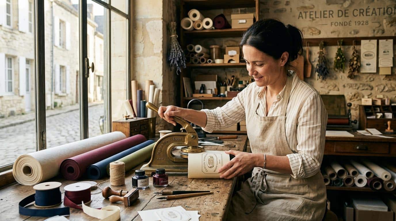 Femme travaillant avec un tampon dans un atelier traditionnel parisien