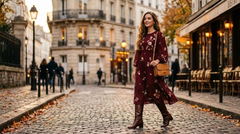 Femme en robe bordeaux dans une rue pavée parisienne