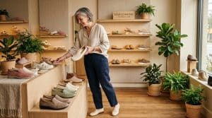 Femme essayant des chaussures dans une boutique élégante