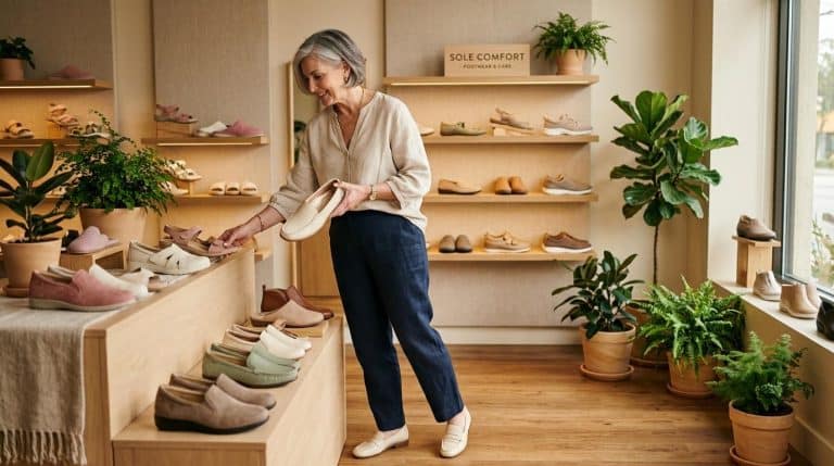 Femme essayant des chaussures dans une boutique élégante