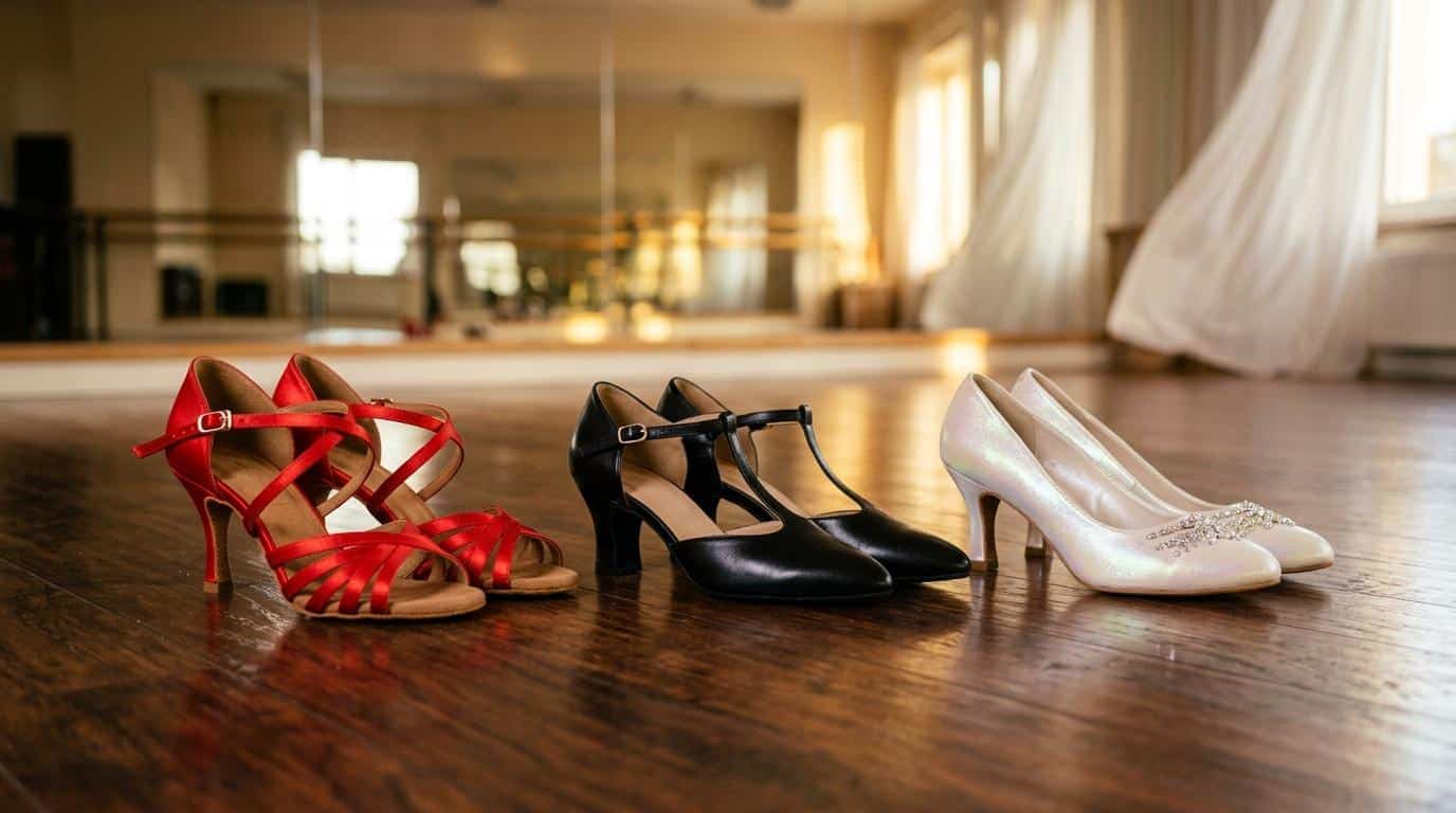 Trois paires de chaussures de danse sur parquet studio