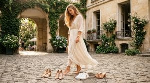 Femme blonde en robe blanche essayant différentes chaussures dans une cour parisienne