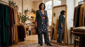 Femme souriante devant miroir dans boutique vêtements