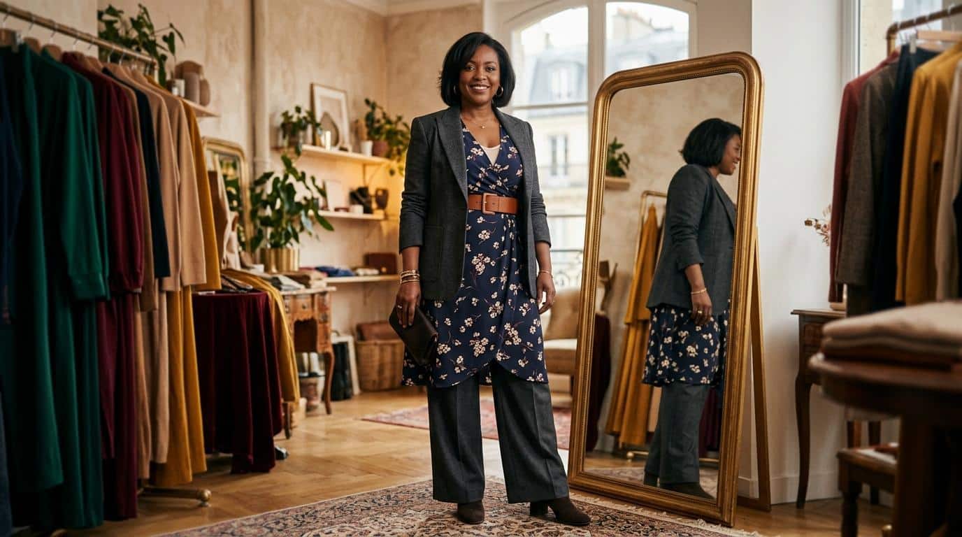 Femme souriante devant miroir dans boutique vêtements