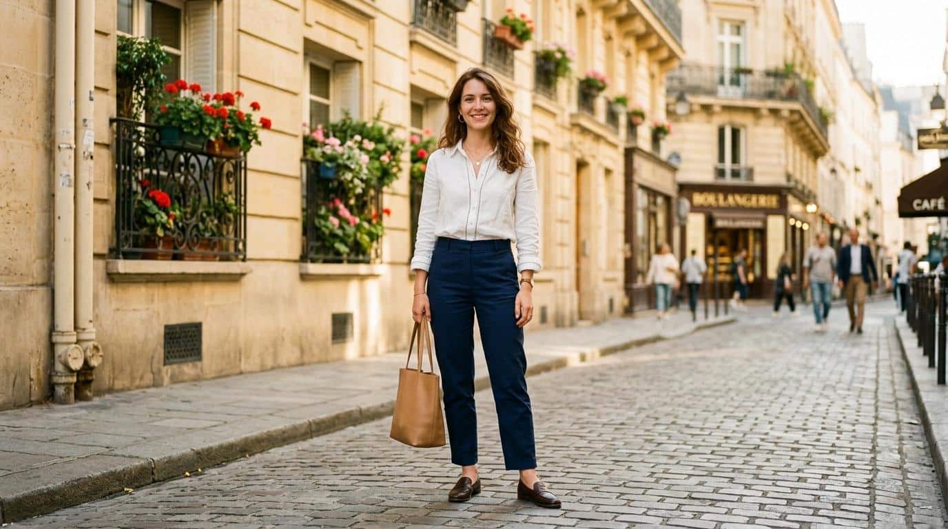 Femme souriante dans une rue pavée parisienne fleurie