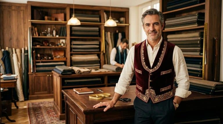 Tailleur élégant dans atelier de couture avec tissus et matériel