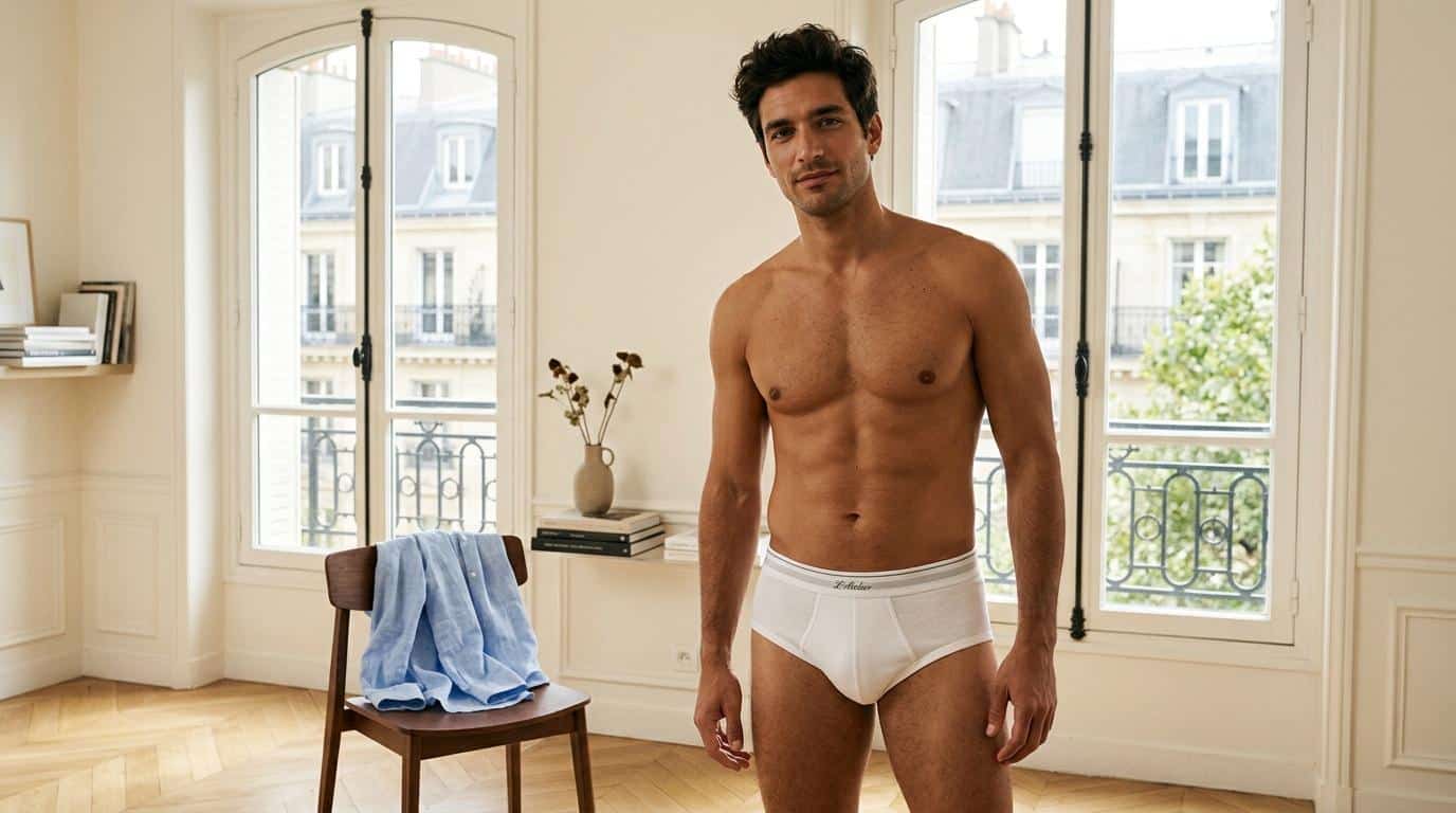 Homme en sous-vêtements blanc dans appartement parisien luxueux