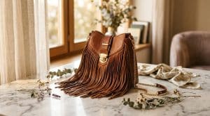 Sac à main marron avec franges sur table marbre, décoration florale